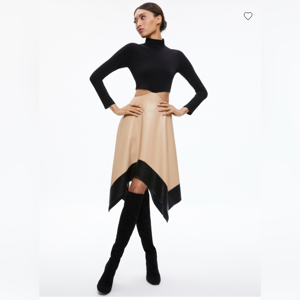 NWT ALICE + OLIVIA Temika Cut-out Faux Leather bottom midi dress 6 ASO